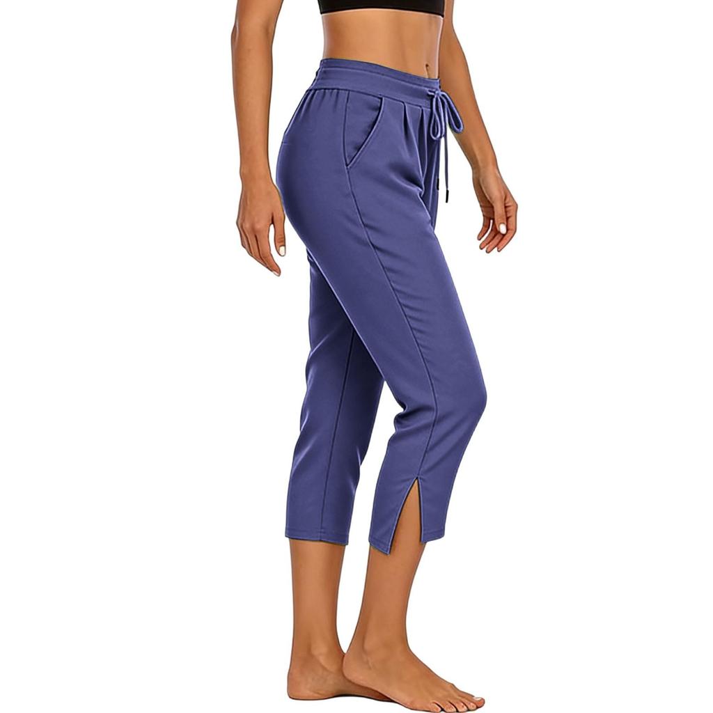 Women's High Waist Split Hem Capri Pants Casual Sporty Gym Workout Yoga Lounge Pants with Drawstring Waist and Side Pockets