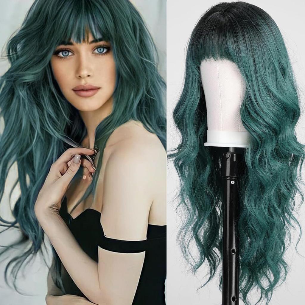 Cross-Border Water Wave Wigs European American Women's Fashionable Synthetic Hair Wig Brown Gradient Color Bangs Long Curly Hair