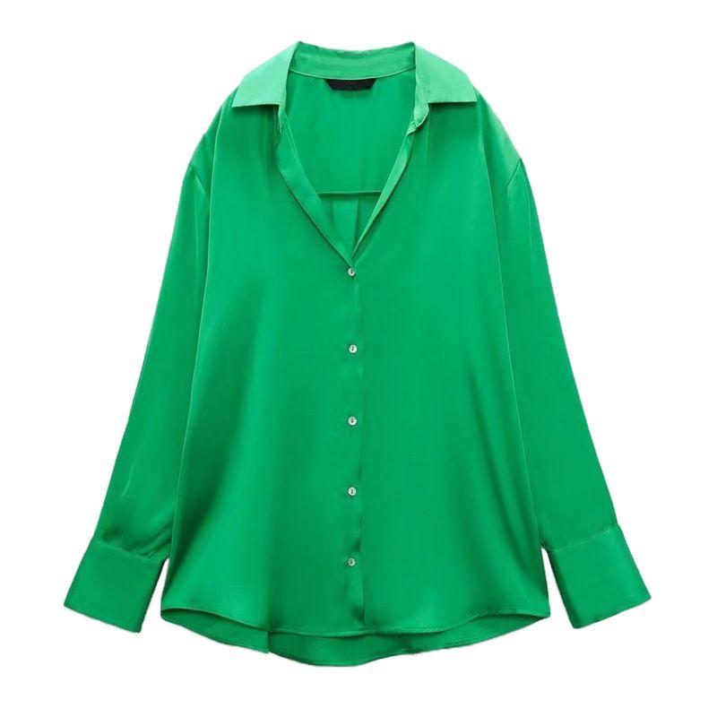 Spring New Style White Tops Lapel Loose Long Sleeves Classic Silk Satin Textured Shirt for Women 7969046