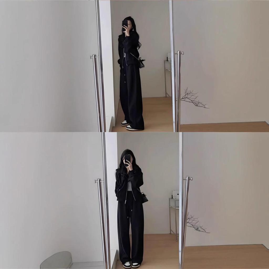 Women's Autumn & Winter Casual Sweatshirt & Wide-Leg Pants Set - Hong Kong Style Slimming Hooded Running Two-Piece