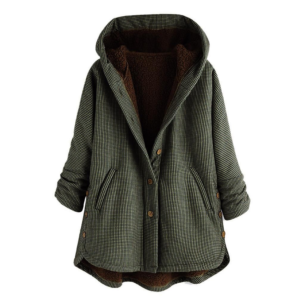 Women Winter Warm Outwear Lattice Printing Hooded Pockets Oversize Hasp Coats