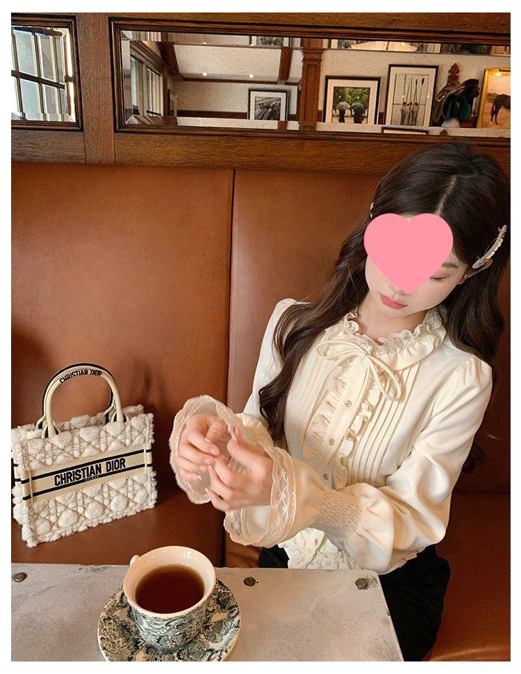 Cream Bagel French Sweet Age-Reducing Lace Ruffle Slimming Blouse - Women's Autumn Court Style Top