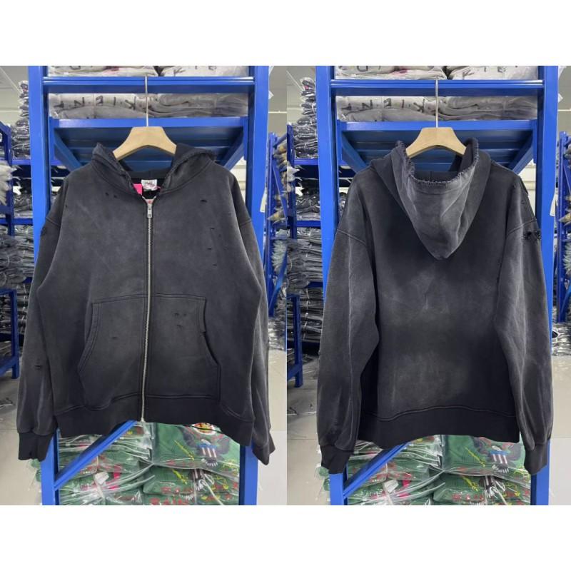 Vintage West Coast Hooded Zip-Up Sweatshirt With Sanskrit Script Print Relaxed Fit Cotton Pullover Men