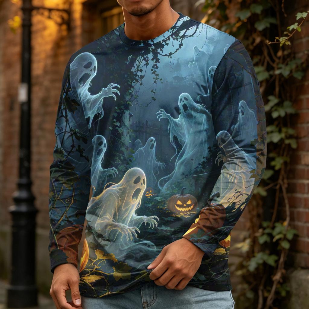 Men's Halloween Print Crewneck Long Sleeve T-Shirt for Casual Wear
