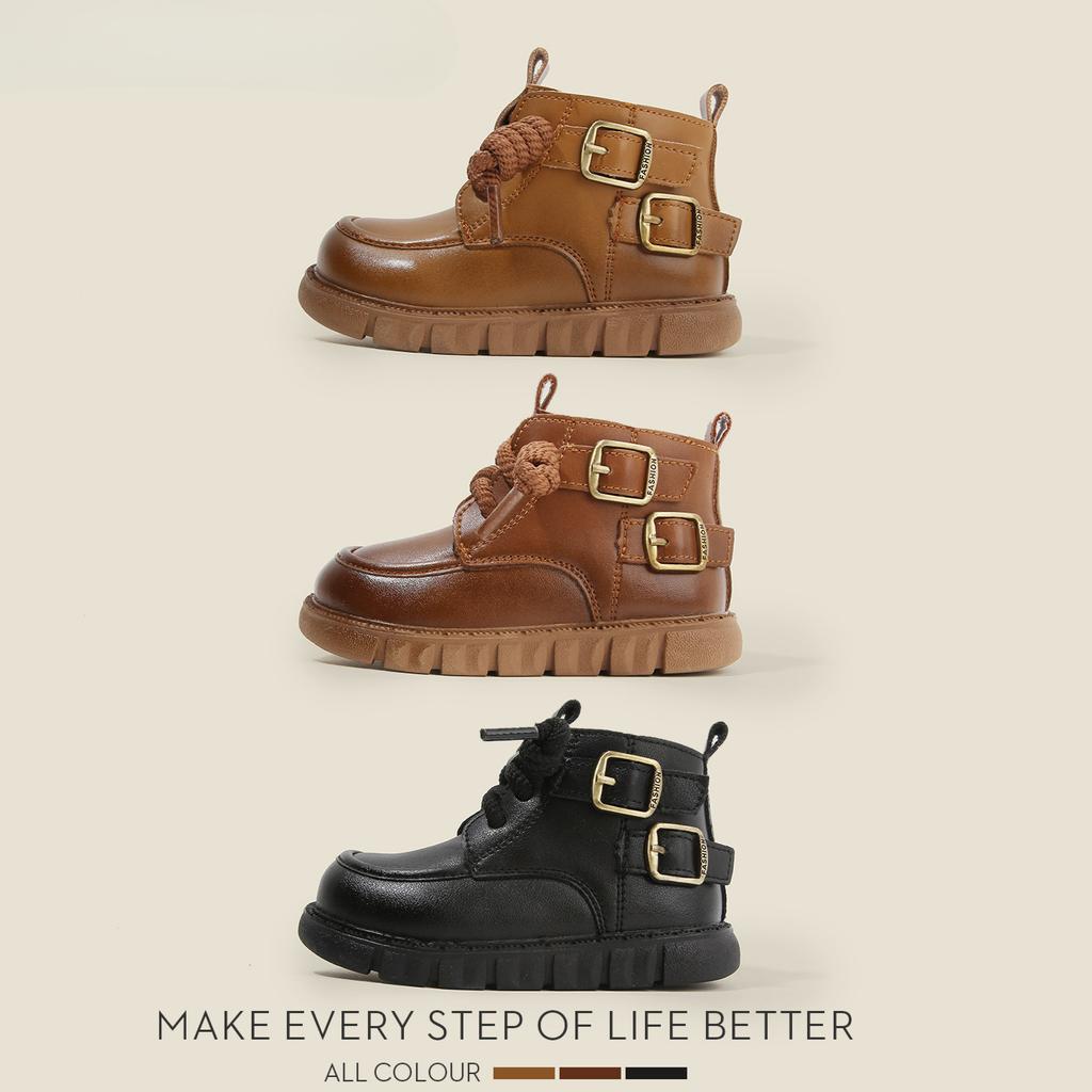 Boys' Non-slip British Style Leather Boots for Baby Girls Soft-soled Toddler Shoes