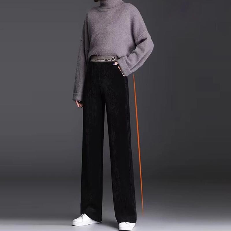 Fleecing Plush Thick Warm Letter Stripes High Waist Corduroy Straight OL Wide Leg Long Pant Women Winter Casual Trouser Clothing