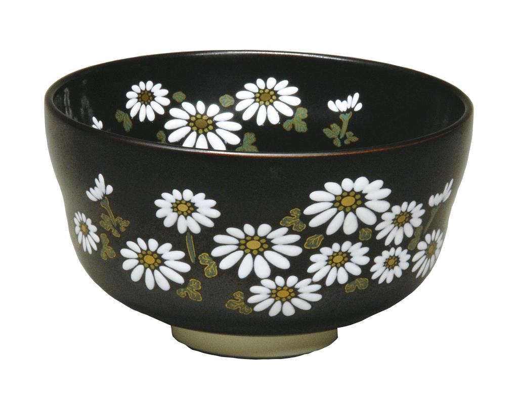 Miyachi Eikou Matcha Bowl, Black, Size: Diameter 12cm X Height 7cm, Black Ninsei Chrysanthemum Design, Gift Boxed