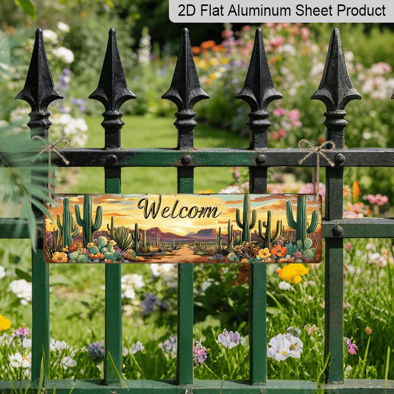 2D Flat 1pc Country Style Welcome Desert Cactus Metal Sign- Aluminum Decorative Sign, 3.93X15.74Inches, Farmhouse and Office Decor, No Electricity