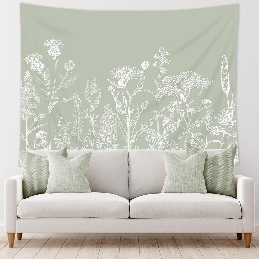 Sage Green Floral Wildflower Tapestry Flowers Plants Botanical Botany Spring Herbs Wall Hanging Natural Watercolor Home Dorm