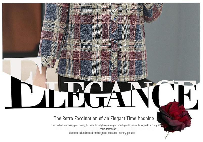 Plaid Long Sleeve Lapel Cardigan for Women: Stylish Spring/Autumn Top for Middle-Aged & Elderly