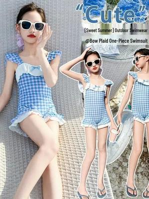 Costume da bagno intero a quadri dolce per bambina con fiocco per la vacanza al mare