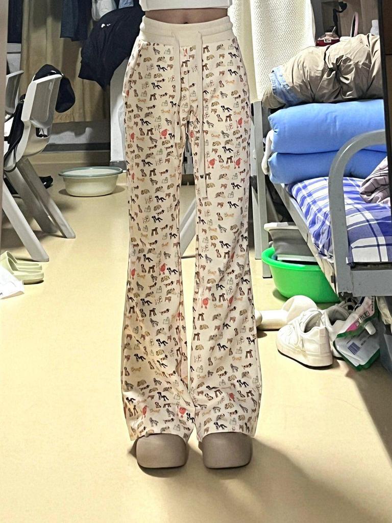 Plus Size High Waist Puppy Print Flare Pants - L To 6XL