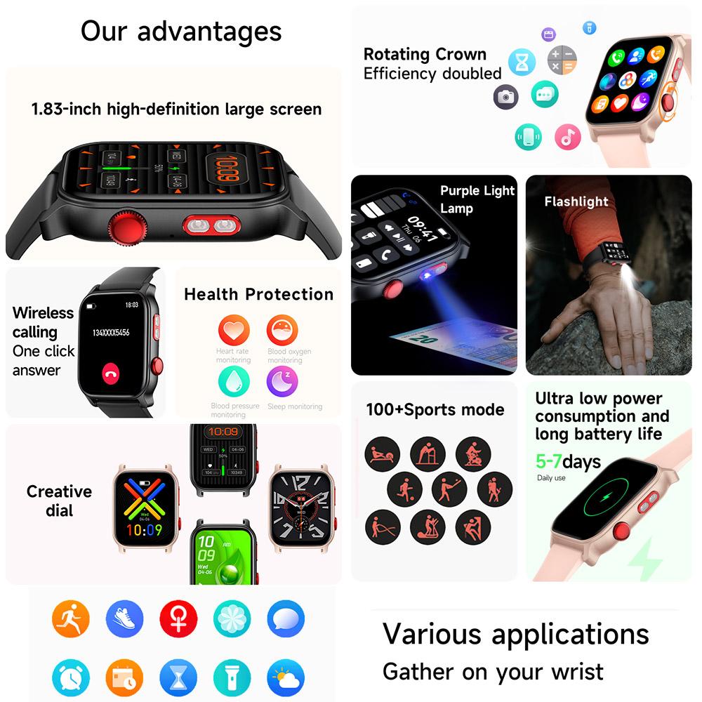 Smart New Watch Women Men Flashlight Heart Rate Monitor Sleep Tracker 1.83" Full Touch Screen Sports Fitness Smartwatch Man
