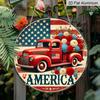 Płaski 2D, 1 szt. okrągły aluminiowy znak 7,87*7,87 cala, "America" Patriotyczny Winylowy Design Ciężarówki, Metalowa Sztuka Ścienna z Kwiatową Czerwoną Ciężarówką i Flagą USA, Idealny do Domu