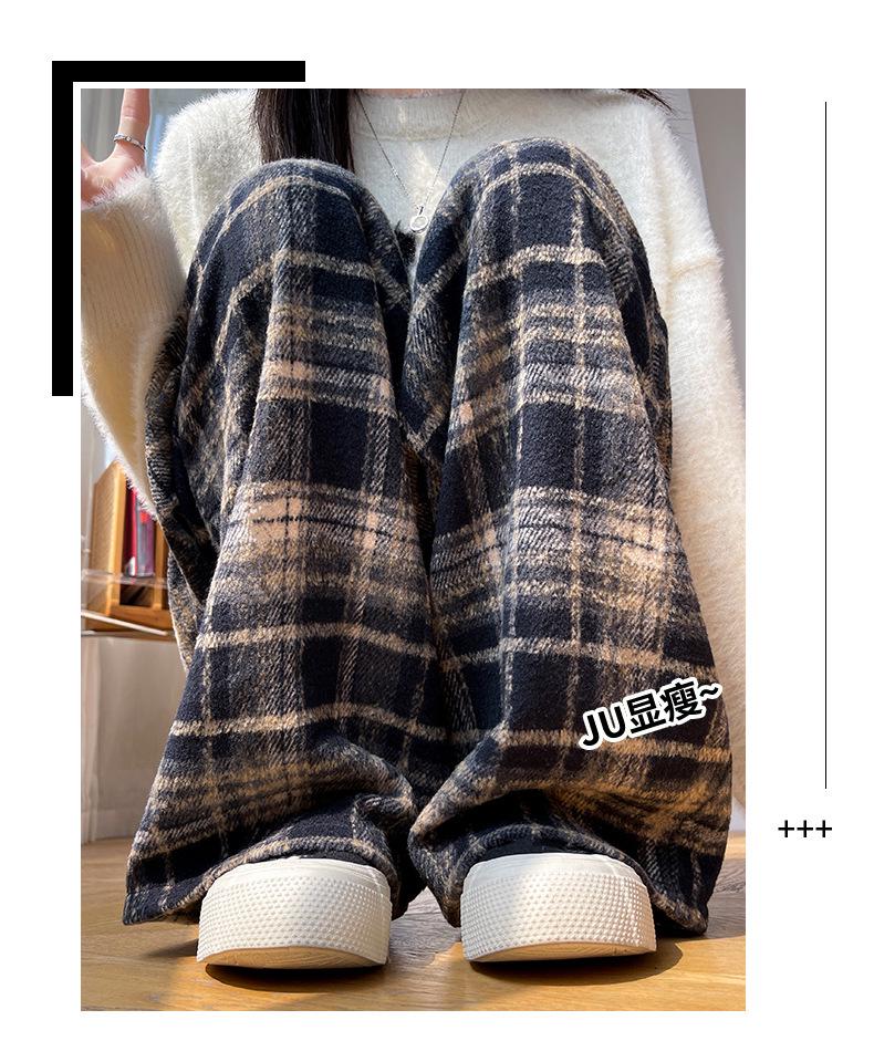 Women's Plaid Velvet-Lined Wide-Leg Pants - Autumn/Winter 2025 Retro Style