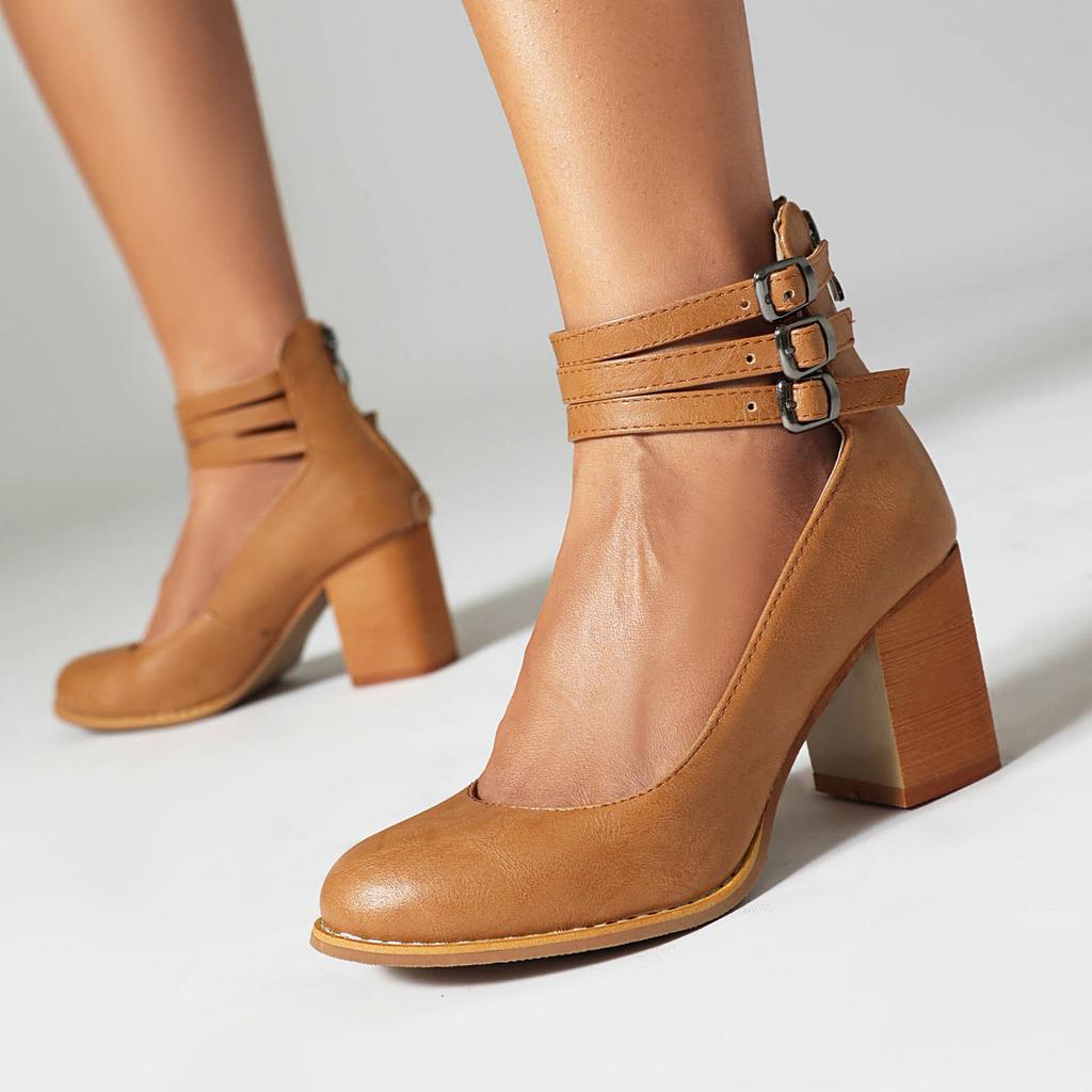 European and American Shoes Belt Buckle Shallow Mouth Round Head Thick High Heel Low-top Shoes Bare Boots Single Shoes H