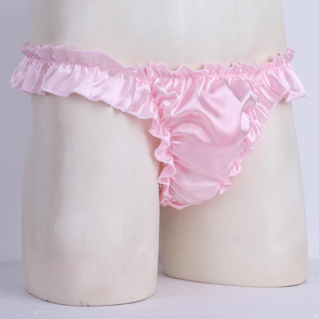 Mens Lingerie Soft Shiny Briefs Thong Panties Ruffled Frilly Sissy Bikini Briefs Thong Underwear Underpants