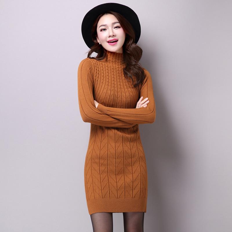 Women's High Neck Warm Long Knitted Sweater Winter Round Neck Long Sleeve Knitted Pullover