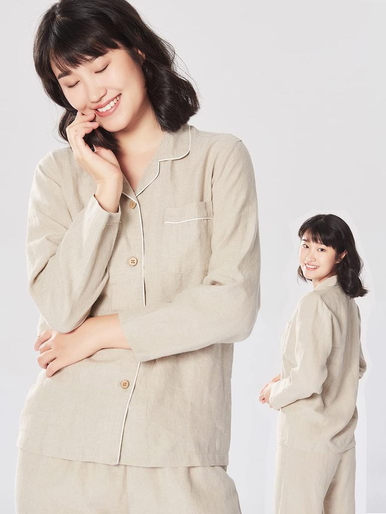 Raumlanger, schnell trocknender [RAKUYUME] Pyjama, Damenbekleidung, Leinen, Frühling, Sommer, Herbst, Winter, Ärmel, Loungewear, Leinen, Nachtwäsche, saugfähig,