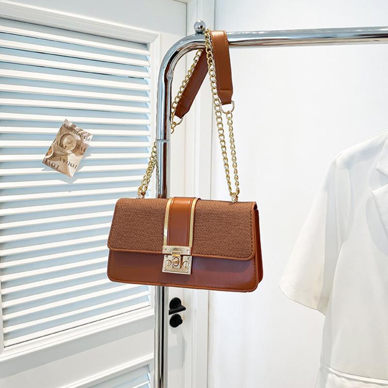 Top-Handle Bag Simple Women'S Chain Shoulder Bag Small Square Handbag Exquisite Pu Leather Canvas Patchwork Bag For Workplace