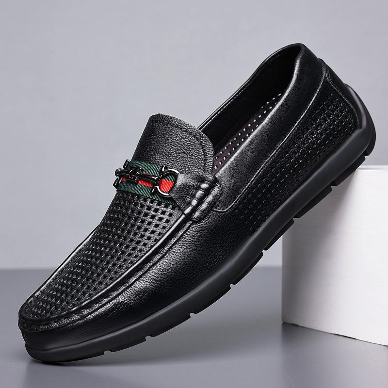 

Летние новые сандалии из коровьей кожи первого слоя, мужские кожаные дышащие мужские повседневные туфли с перфорацией, мягкие 43 чёрный