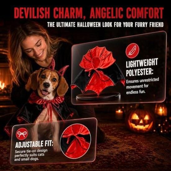 Hund Katze Halloween Kostüm 2-teiliges Set Fledermaus Umhang Teufelshorn Stirnband Haustier Outfit (S ca. 1,54 kg Rot)