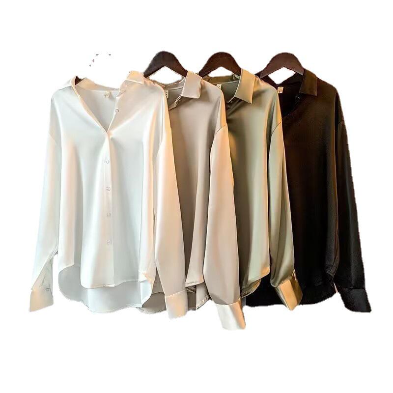 Women's Retro Hong Kong Style Satin Blouse - Long Sleeve, All-Match Drape, Niche Design for Spring & Autumn 2022