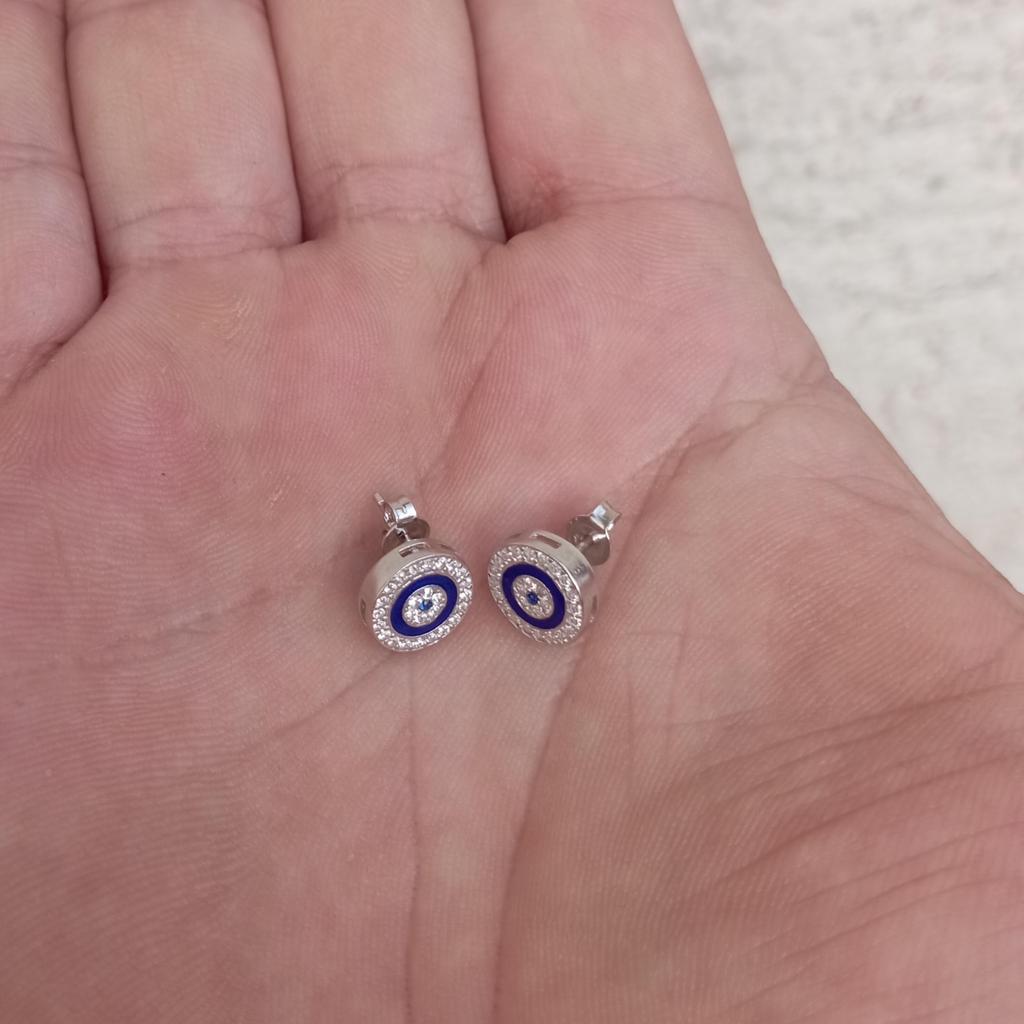 Dalia MYSTIC JEWELS – Evil Eye Stud Earrings, 925 Sterling Silver with Blue Enamel and Cubic Zirconia, Sterling Silver, Cubic Zirconia