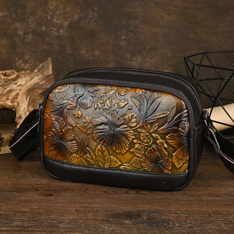 Johnature Genuine Leather Retro Embossed Women Bag Versatile Hand Painted Cowhide Shoulder & Crossbody Bags