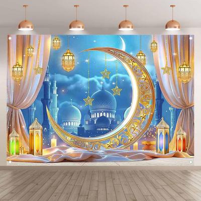 Banner Temático Mezquita de la Luna y la Estrella Decoración Ramadán Eid Mubarak Fondo Estilo Islámico Fiesta Festival Tela Colgante