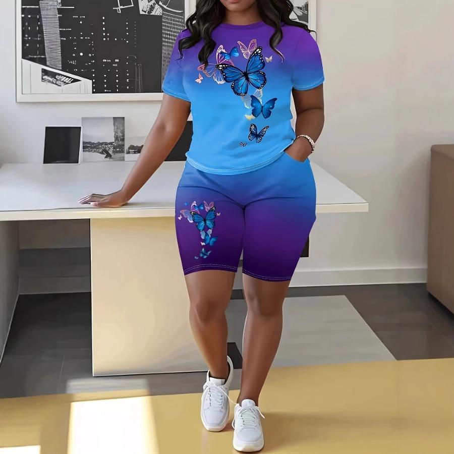 Fashion Casual Women's Shorts Short Sleeve Suit Gradient Letter Print Summer Suit T-shirt + Shorts 2 Pieces Sets