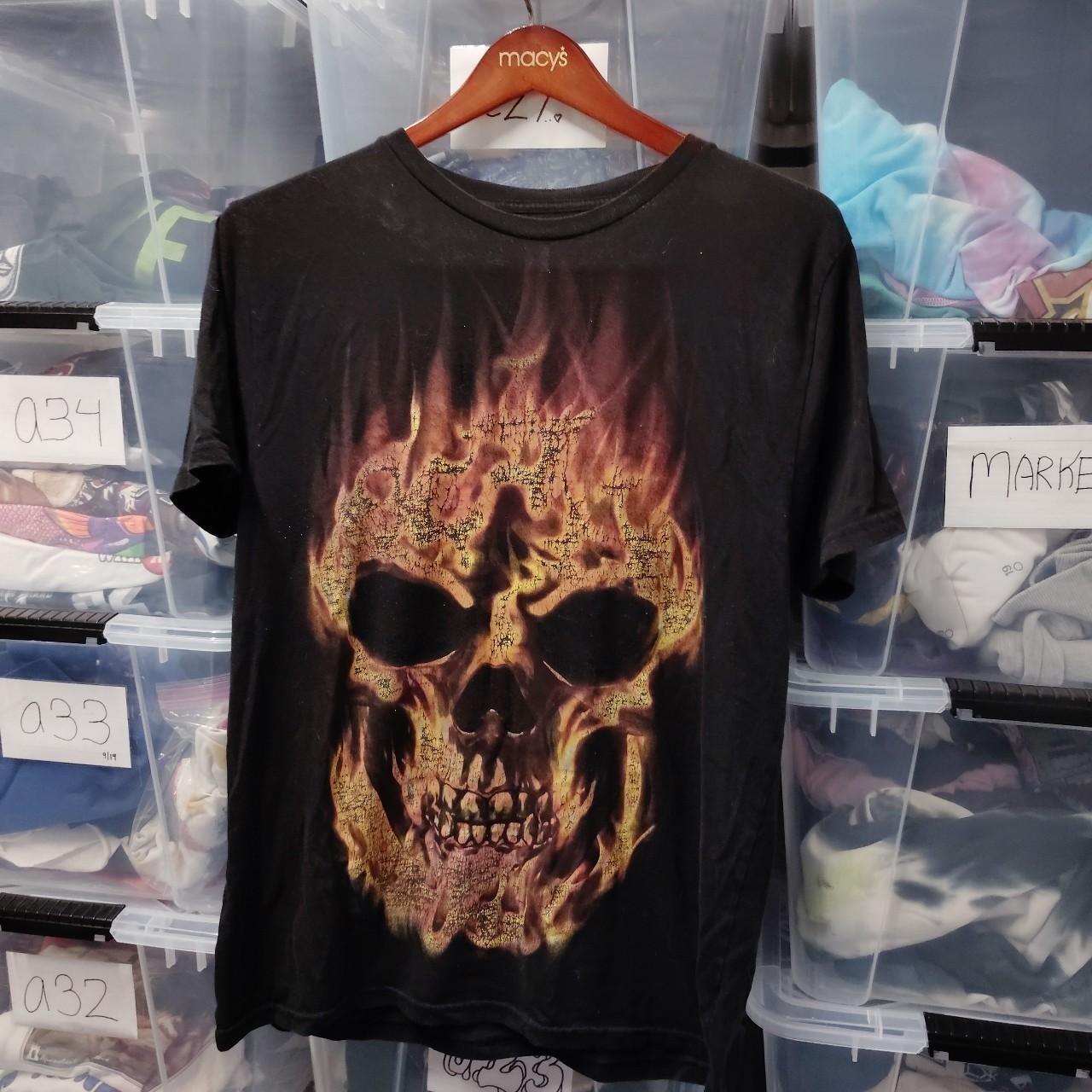 Flames Skull Aop Y2k Big Print Pre Owned Fair Fade Distress Fair A329 Unisex T-Shirt L