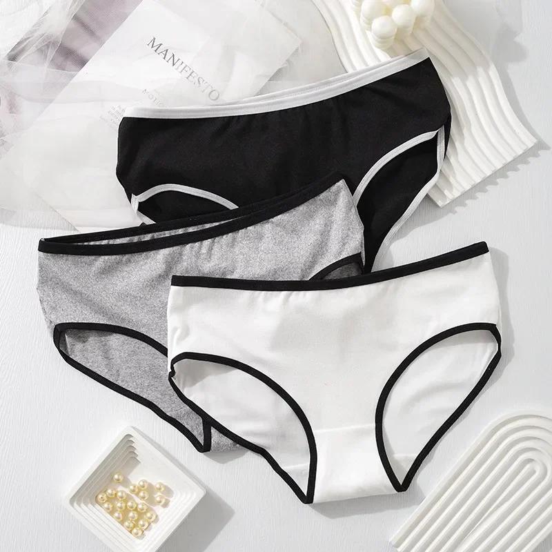 3pcs Breathable Patchwork Solid Color Panties Mid Waist Cotton Crotch Female Briefs Thin Simple Briefs for Women Girl
