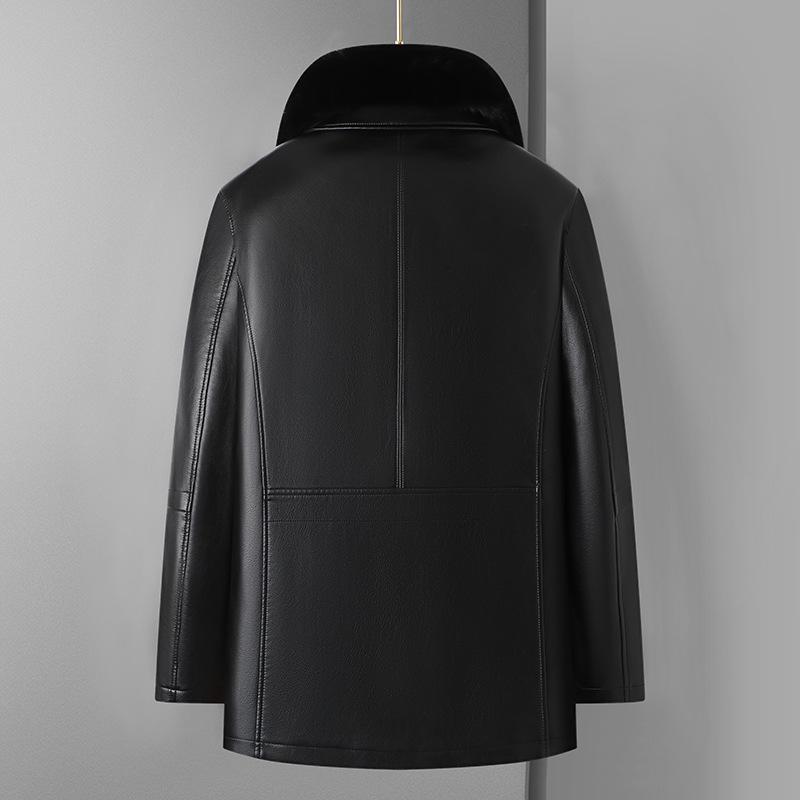 Men's Fur-Lined Leather Jacket with Plush Lining - Ideal Winter Wear for Middle-Aged and Elderly.
