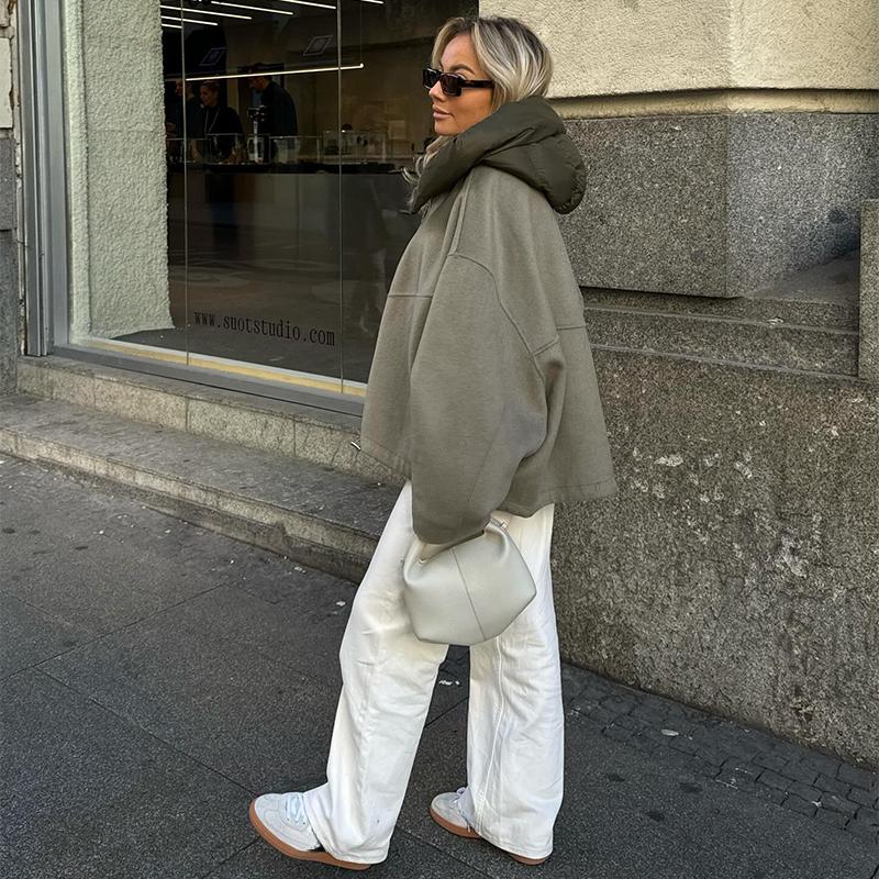 Giacca casual da donna con cappuccio e coulisse a maniche lunghe, autunno inverno, moda, cappotto con cerniera, corto, largo, stile streetwear