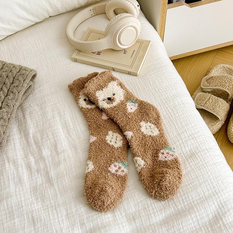 Fashion Coral Fleece Women Socks Warm Home Floor Socks Cartoon Strawberry Bear Socks Plush Mid Tube Sleep Socks
