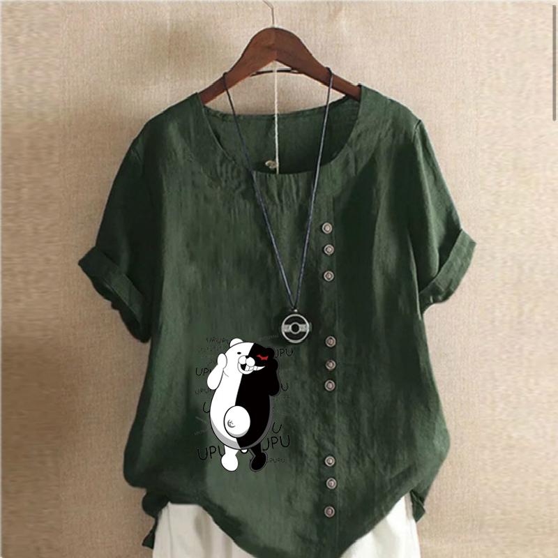 Women's Fashion Round Neck Short Sleeve T-shirt Casual Cotton Linen Graphic Shirt Leisure Loose Black and White Bear Prined Summer Blouse Tops