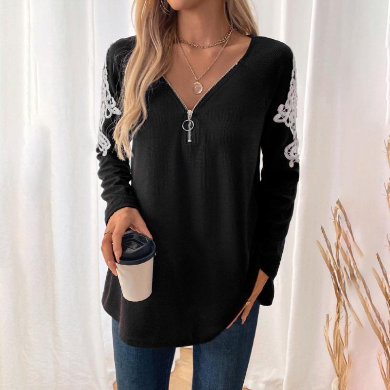 Autumn Winter Personality Loose Casual Embroidery Zipper Tee Women Long Sleeve All-match Pullover T-shirt Top