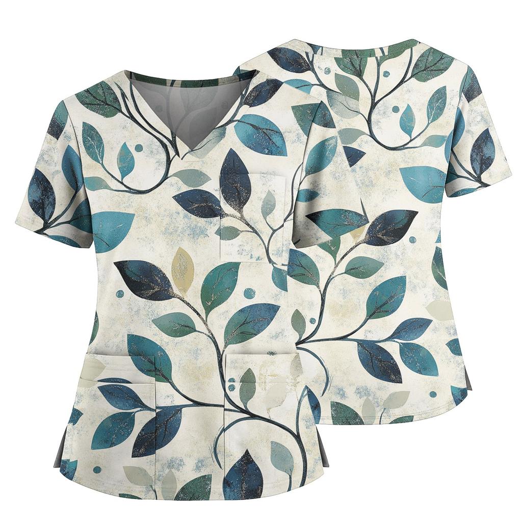 Damen Casual Bedrucktes V-Ausschnitt Taschen Seitennaht Schlitz Kurzarm Top
