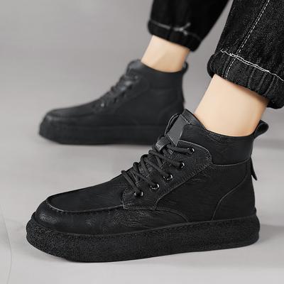 Fashion Leather Men's Cotton Shoes with Plush Insulation Real Cowhide Shoes Lace Up High Top Thick Soles Anti Slip Plush Men Snow Boots