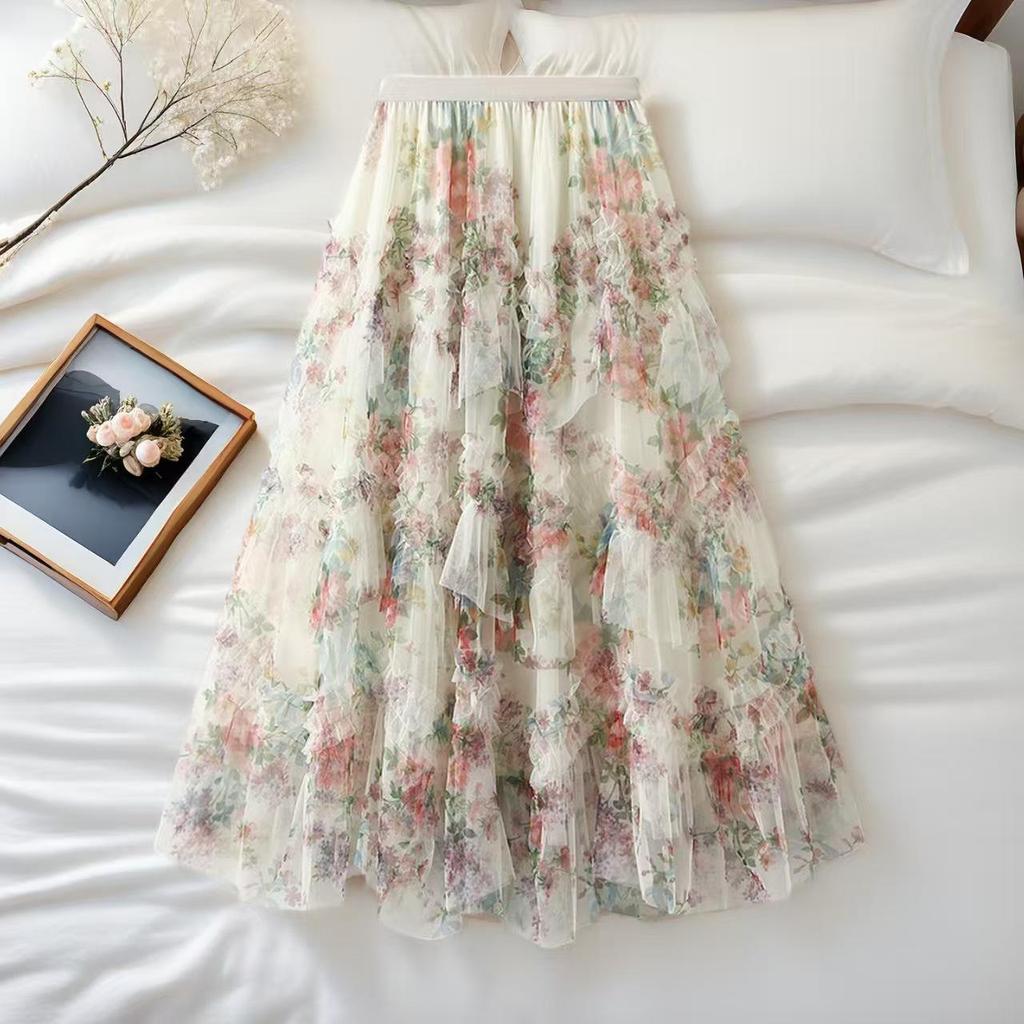 Γυναικεία Καλοκαιρινή Φλοράλ Διχτυωτή Φούστα Midi σε Γραμμή Α