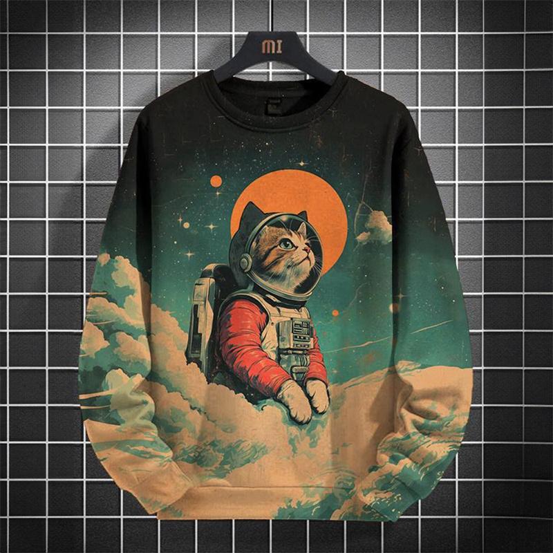 Japanese Pattern Sweatshirts For Women Space Cat 3D Printed Pullover Autumn Oversized O-Neck Hoodies Long Sleeves Clothing Tops