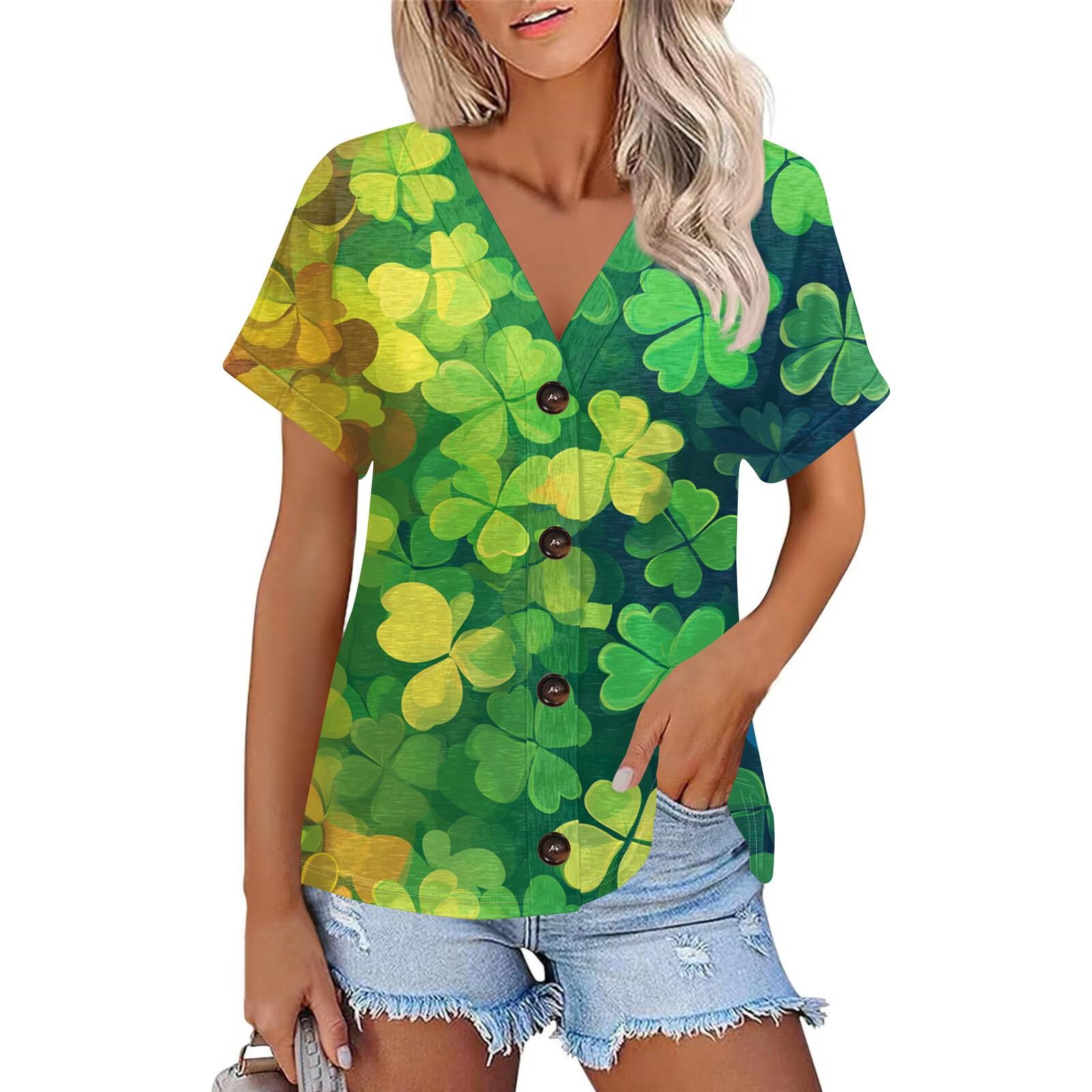 

Женская мода с коротким рукавом и V-образным вырезом St. Футболка с принтом Patrick Top Casual на пуговицах XXL