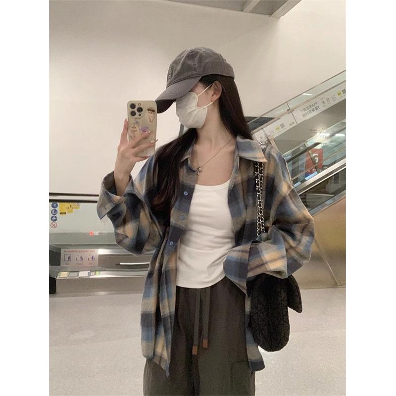 

Ретро американская клетчатая рубашка: Мужская летняя свободная винтажная куртка с длинным рукавом L