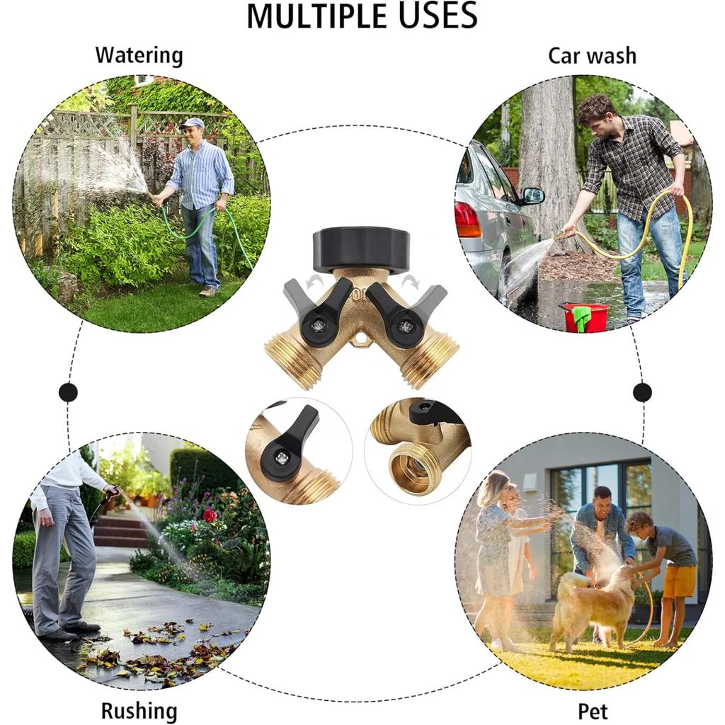 3/4" Brass Garden Hose Connector, 2-Way Y-Distributor Tap Fitting with On/Off Valves, for Home Garden Outdoor Use