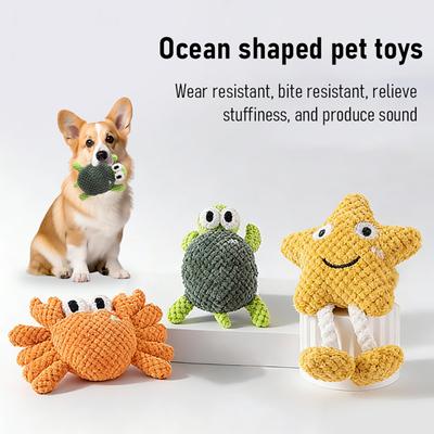 Interactive Dog Plush Toy Squeaky Stuffed Sea Animal Soft Chew Toy Turtle Crab Starfish Puppy Teething Toy for Medium Chewers Indoor Play