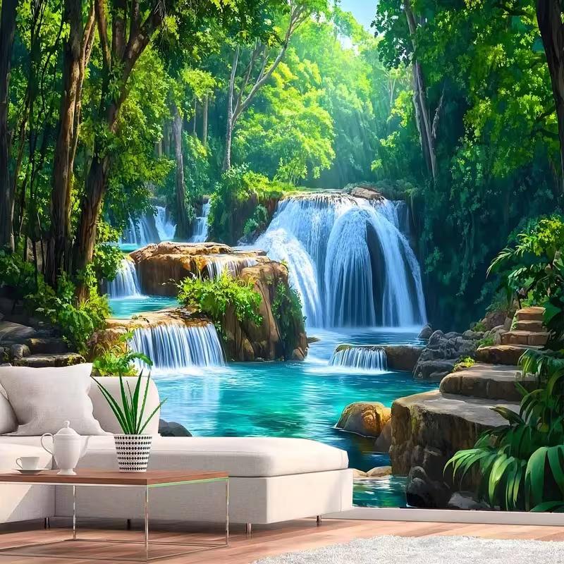 2D Turquoise Pool Waterfall Backdrop Lush Tropical Forest Photography Background Cloth