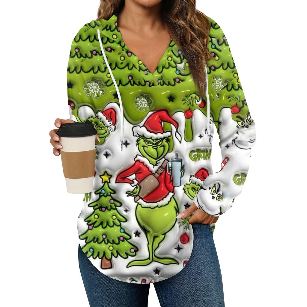 Women's Fashion Hoodies V Neck Long Sleeve Christmas Printed Drawstring Casual Loose Pullover Tops