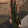 Women Summer Dress Pleated Round Neck Sleeveless Solid Color Loose Slit Hem Maxi Dress Daily Date Party Wear Long Dress