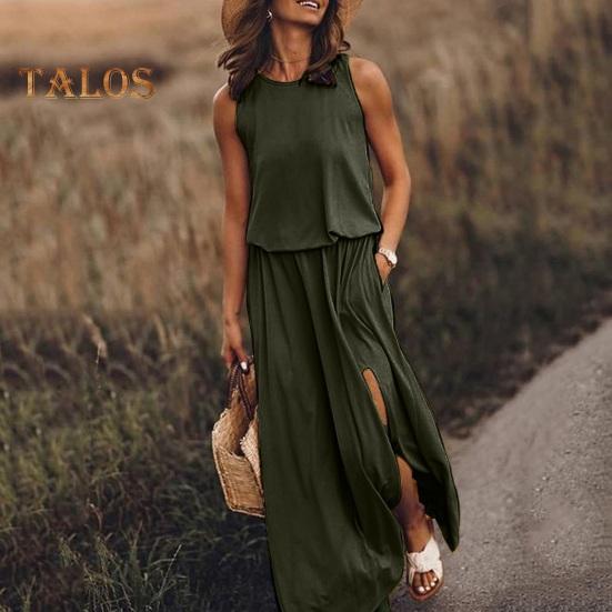 Women Summer Dress Pleated Round Neck Sleeveless Solid Color Loose Slit Hem Maxi Dress Daily Date Party Wear Long Dress